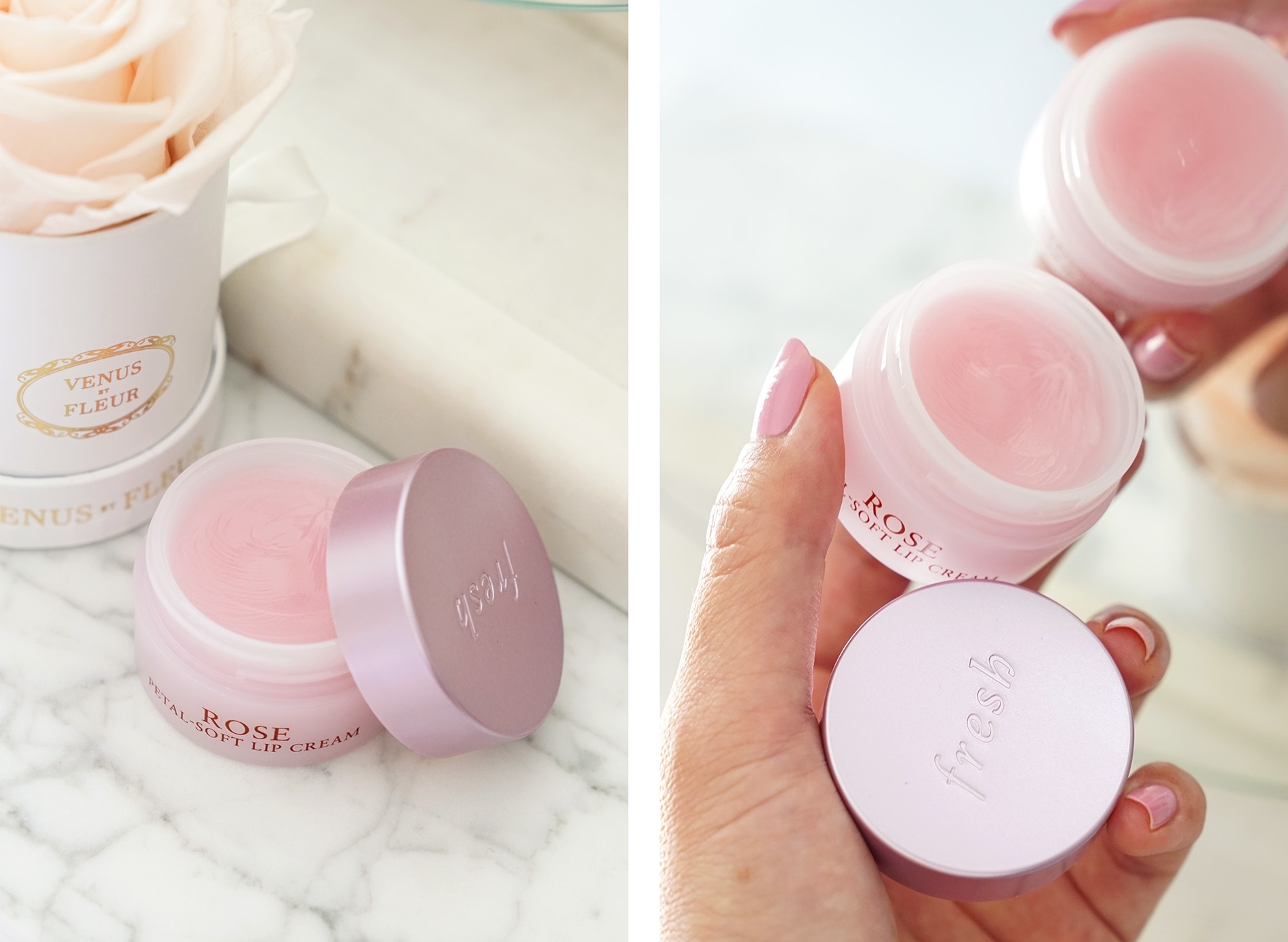 Fresh Rose Petal-Soft Lip Cream 10 g  ลิปบาล์มผสานส่วนผสมจากกุหลาบเพิ่มความชุ่มชื้นได้ล้ำลึก เปลี่ยนเรียวปากที่แห้งเป็นขุยให้กลับมาแลดูนุ่มเนียน อวบอิ่ม สุขภาพดี